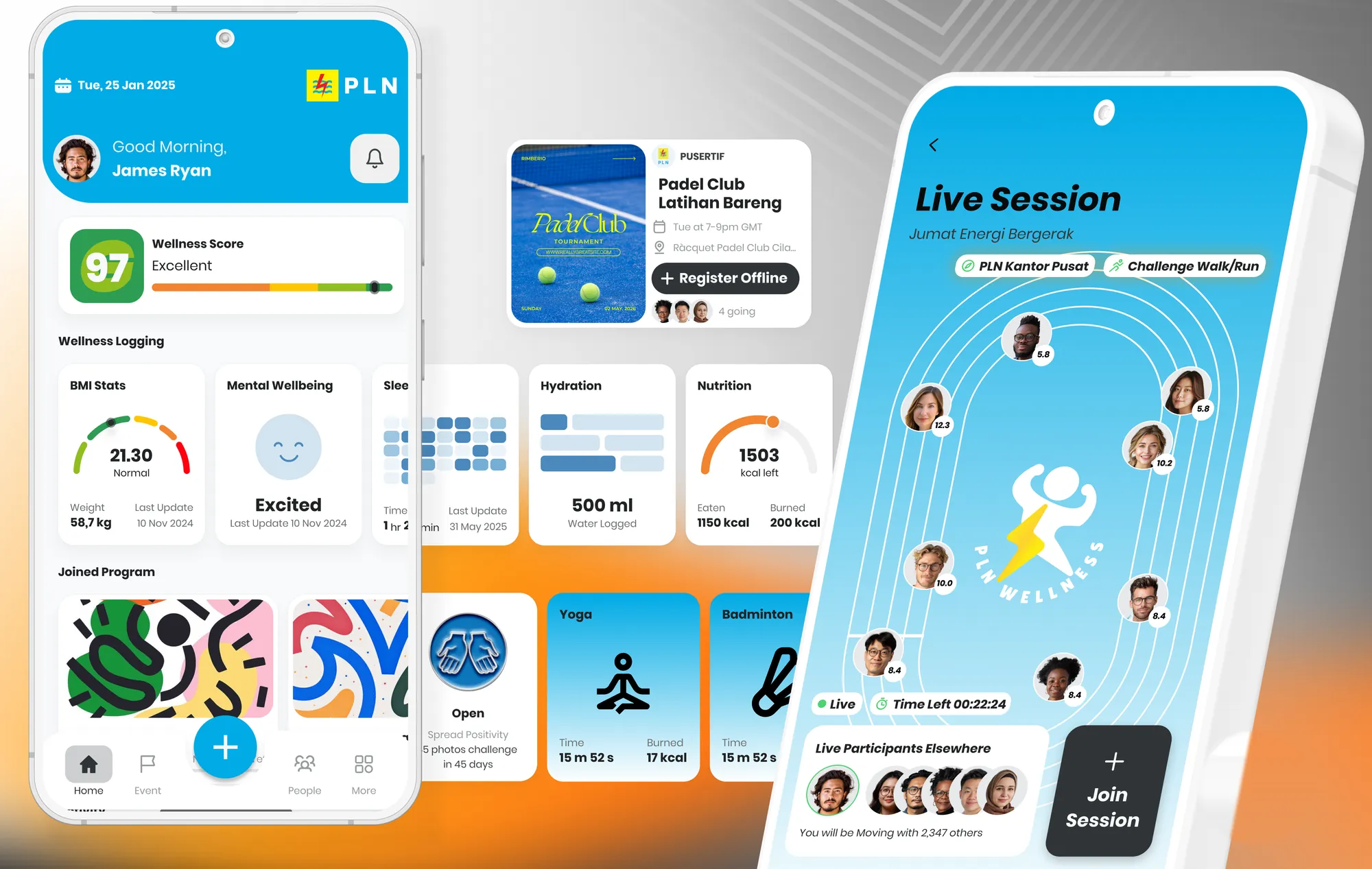 GERAK Pro mobile app: wellness score, wellness logging for BMI, mood, hydration and nutrition, joined programs, a padel club event, and a live walk/run session with colleagues