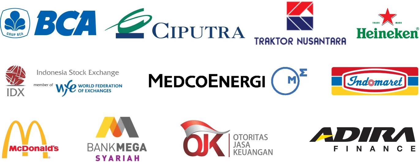 Client logos: BCA, Ciputra, Traktor Nusantara, Heineken, Indonesia Stock Exchange, MedcoEnergi, Indomaret, McDonald's, Bank Mega Syariah, OJK, Adira Finance