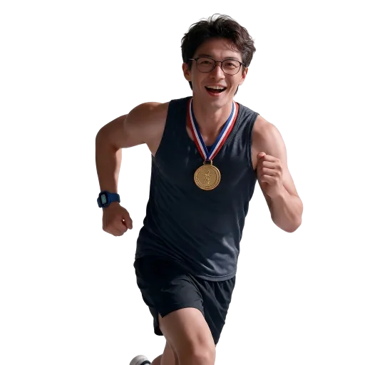A smiling runner wearing a finisher medal